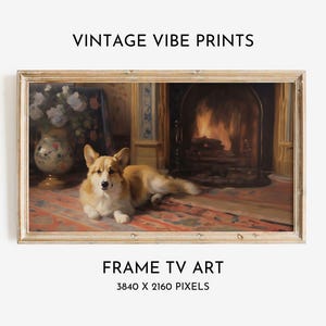 May include: A painting of a corgi dog lying in front of a fireplace in a vintage setting. The dog is brown and white with a long tail. The fireplace is lit and has a fire burning inside. The painting is framed in a light wood frame.