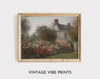Vintage Rose Garden Oil Painting: English Cottage Wall Art (digital ...