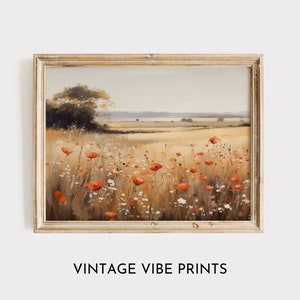 Autumn Poppy Field Landscape Print: Vintage Country Wall Art (Digital Download)