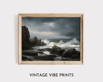 Vintage Seascape Painting: Stormy Coastal Waves (Digital Download)