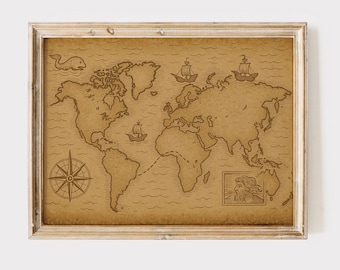 Vintage World Map with Ships & Compass – Antique Nautical Style Print