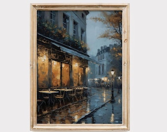 Vintage Paris Cafe Oil Painting: Streets of Paris Night (Digital Download)