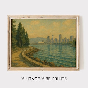 Vintage Vancouver Seawall Art Print | Retro Stanley Park & City Skyline | Printable Canadian Wall Art | British Columbia|Canadian Travel Art