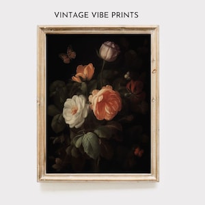 Impresión vintage de flores oscuras y melancólicas / Rosas vintage / Arte mural académico / Pintura al óleo de naturaleza muerta / Arte mural imprimible / Impresión digital vintage