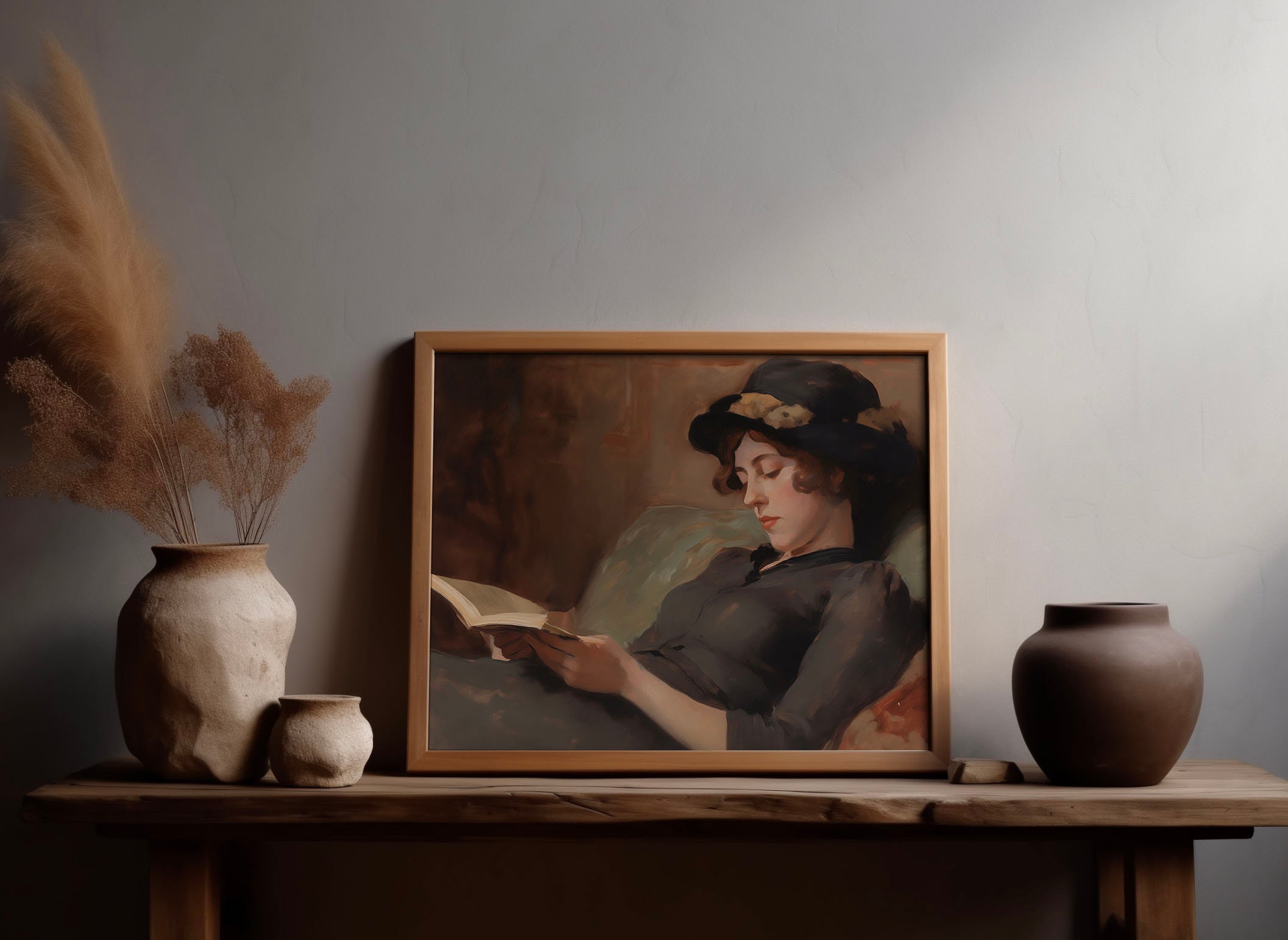 Vintage Woman Portrait Oil Painting Woman Reading Book Booklover Art ...