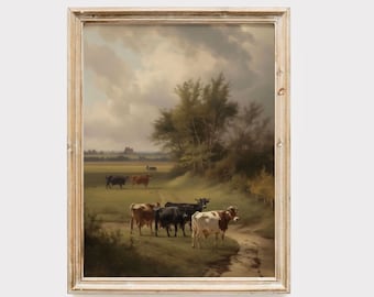 Vintage Cow Landscape Print: Country Farmhouse Painting (Digital Download)