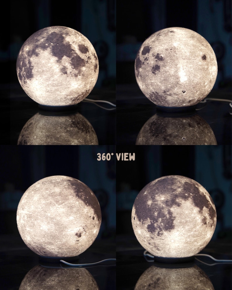 May include: A spherical lamp resembling the moon, with detailed surface textures and craters. The lamp emits a soft, warm glow, and is shown from multiple angles. The text "360&deg; VIEW" is visible.