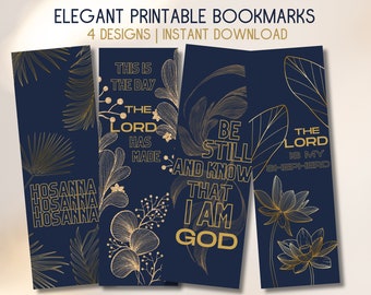 Marcador imprimible con versículo bíblico, regalo para cristianos, descarga religiosa, diario de estudio bíblico, obsequio de fiesta de Navidad, azul marino y dorado