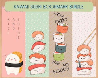 Marcapáginas imprimible lindo, arte imprimible kawaii, descarga instantánea, comida japonesa, arroz y brillo, obra de arte digital maki, marcapáginas divertido
