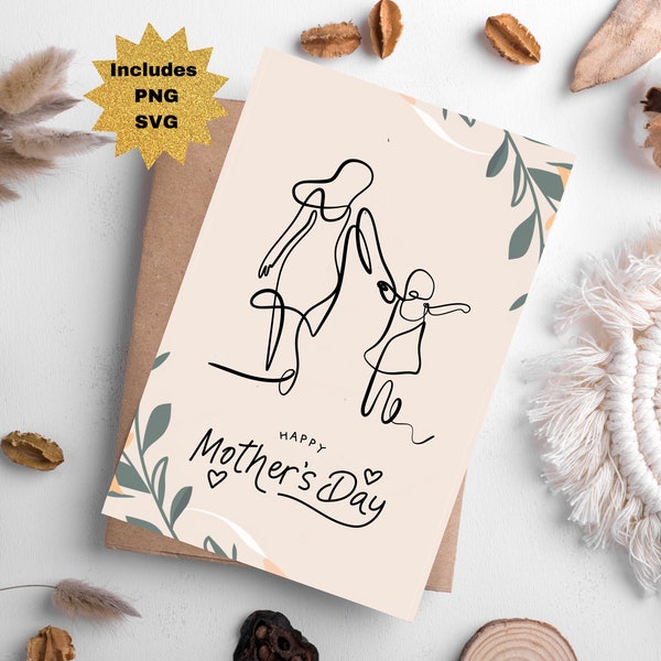 DIY Mother's Day Greeting Card, Printable Instant Download, Envelope Template, Mother Child Sketch, Mother's Day SVG, PNG Line Art
