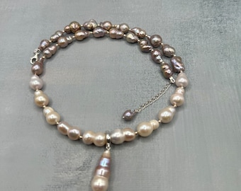 Collar de boda de perlas barrocas raras blancas, color natural, plata de ley 925 maciza, colgante extraíble, degradado de gris a blanco.