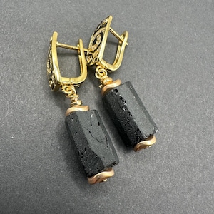 1.9” Schorl Black Tourmaline Earrings Gold Plated Textured Leverbacks – Natural Stone Drop Dangles Handmade Statement Gift Jewelry For Her