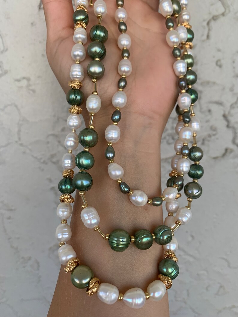 Gold plated Green And White Pearl -  Necklace Set