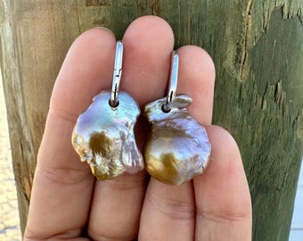 Iridescent Baroque Pearl Earrings, Mismatched Sterling Silver Hoops