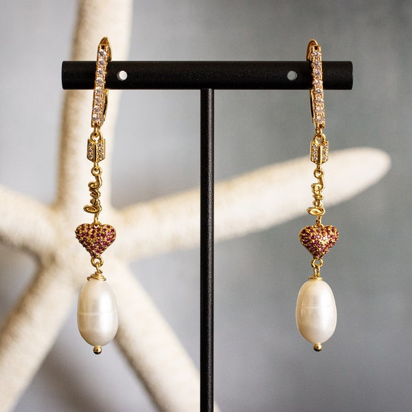 White heart pearl long earrings, 14K gold plated, elegant dangle teardrop, AA freshwater pearl, love CZ pave, lever back