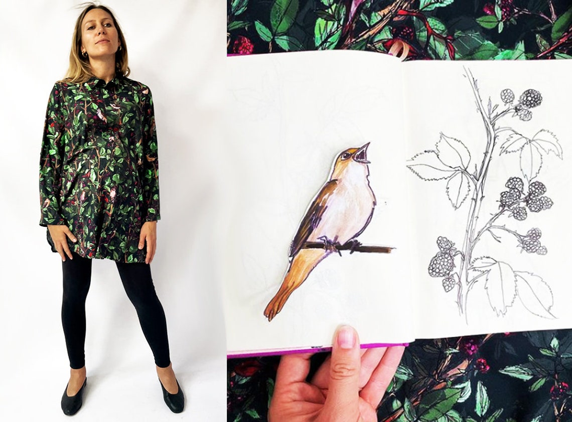 green SHIRT RASPBERRY forest birds nightingales unique pattern /oversized mini shirtdress 100% viscose/ homewear plussize/ botanical print zdjęcie 4