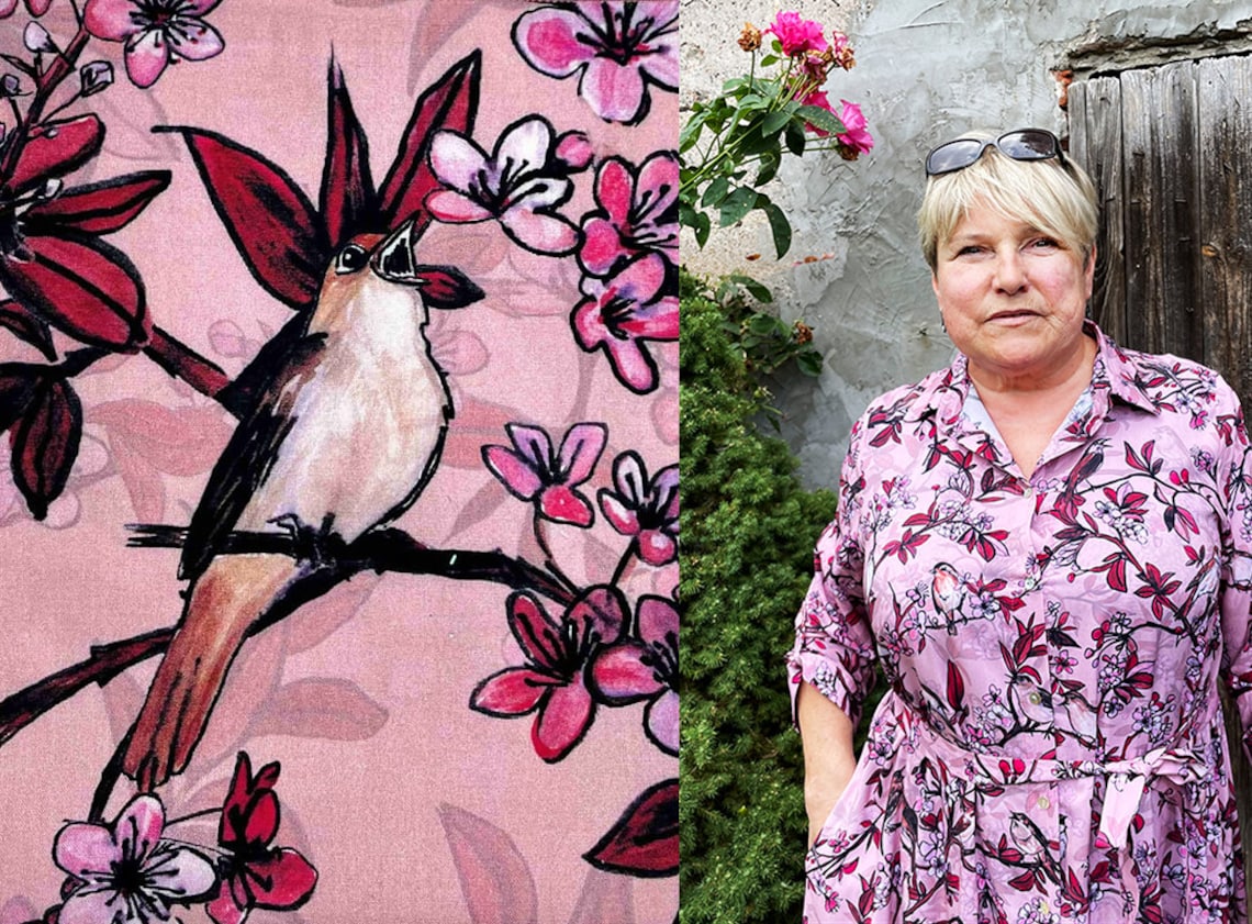 pink SHIRT BLOOMING cherry birds nightingales unique pattern /mini oversize shirtdress 100% viscose/ homewear maternity /floral print zdjęcie 8