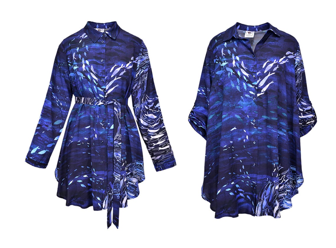blue SHIRT ocean fishes unique pattern /oversized mini shirtdress 100% viscose/ homewear plussize/ nautical print sea zdjęcie 8