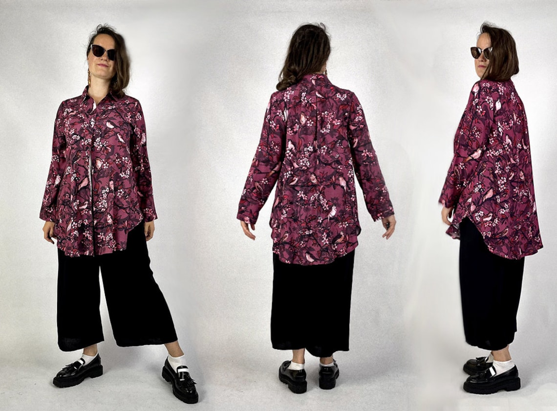 burgundy SHIRT BLOOMING cherry birds nightingales unique pattern /mini oversize shirtdress 100% viscose/ homewear maternity /floral print zdjęcie 8