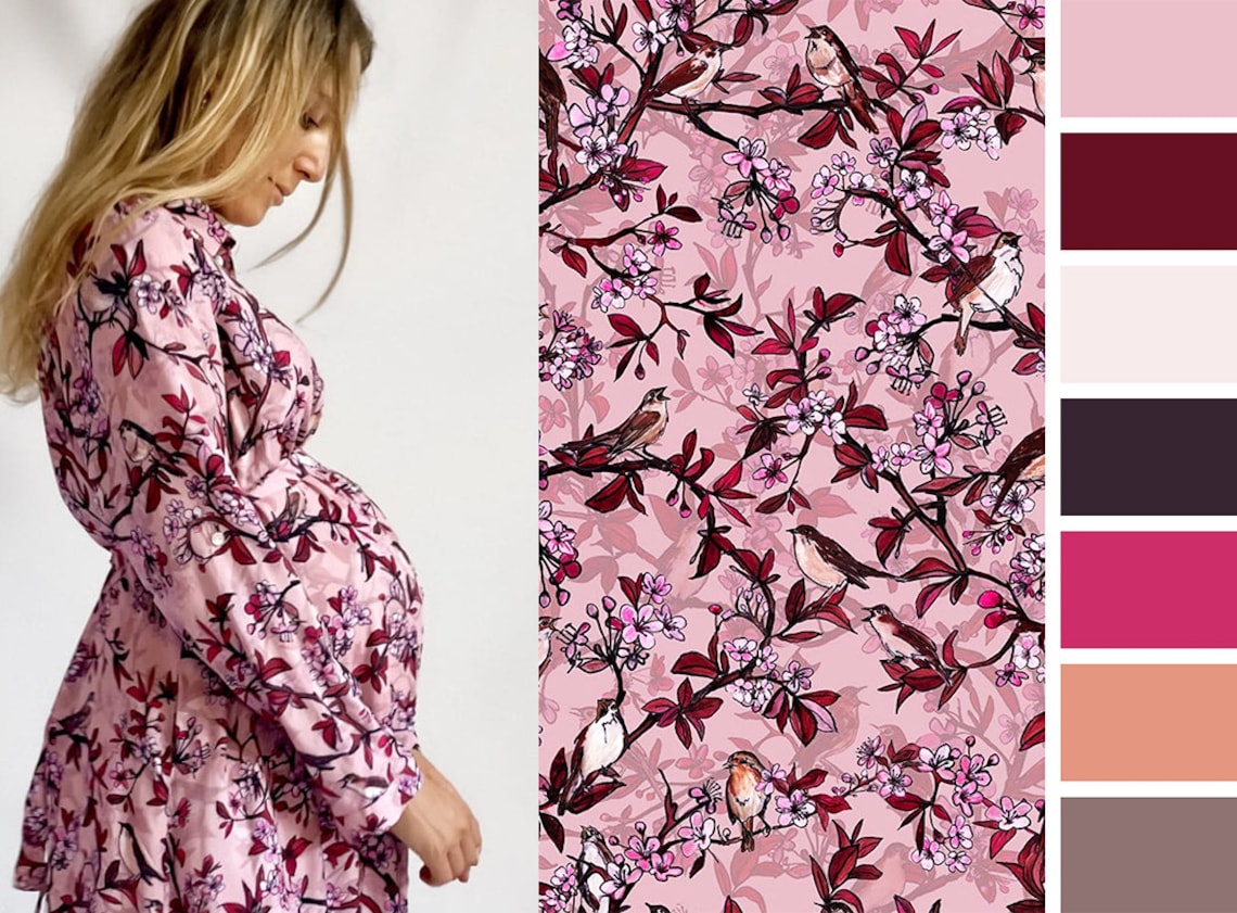pink SHIRT BLOOMING cherry birds nightingales unique pattern /mini oversize shirtdress 100% viscose/ homewear maternity /floral print zdjęcie 10