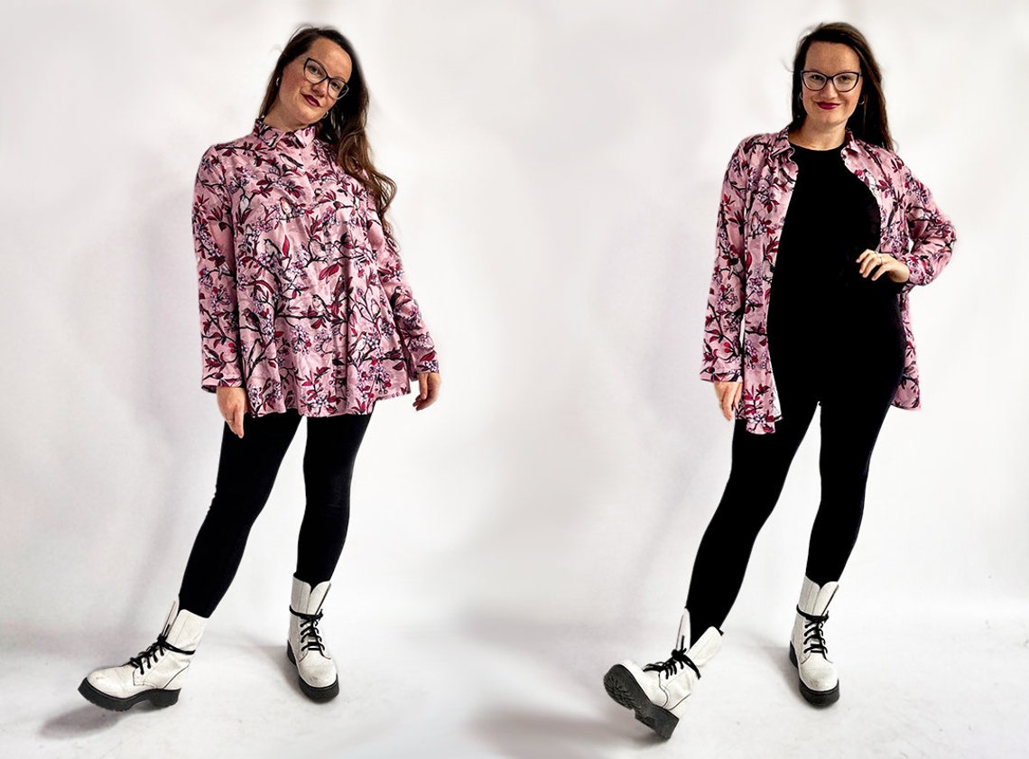 pink SHIRT BLOOMING cherry birds nightingales unique pattern /mini oversize shirtdress 100% viscose/ homewear maternity /floral print zdjęcie 5