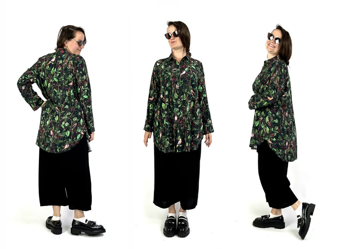 green SHIRT RASPBERRY forest birds nightingales unique pattern /oversized mini shirtdress 100% viscose/ homewear plussize/ botanical print zdjęcie 8