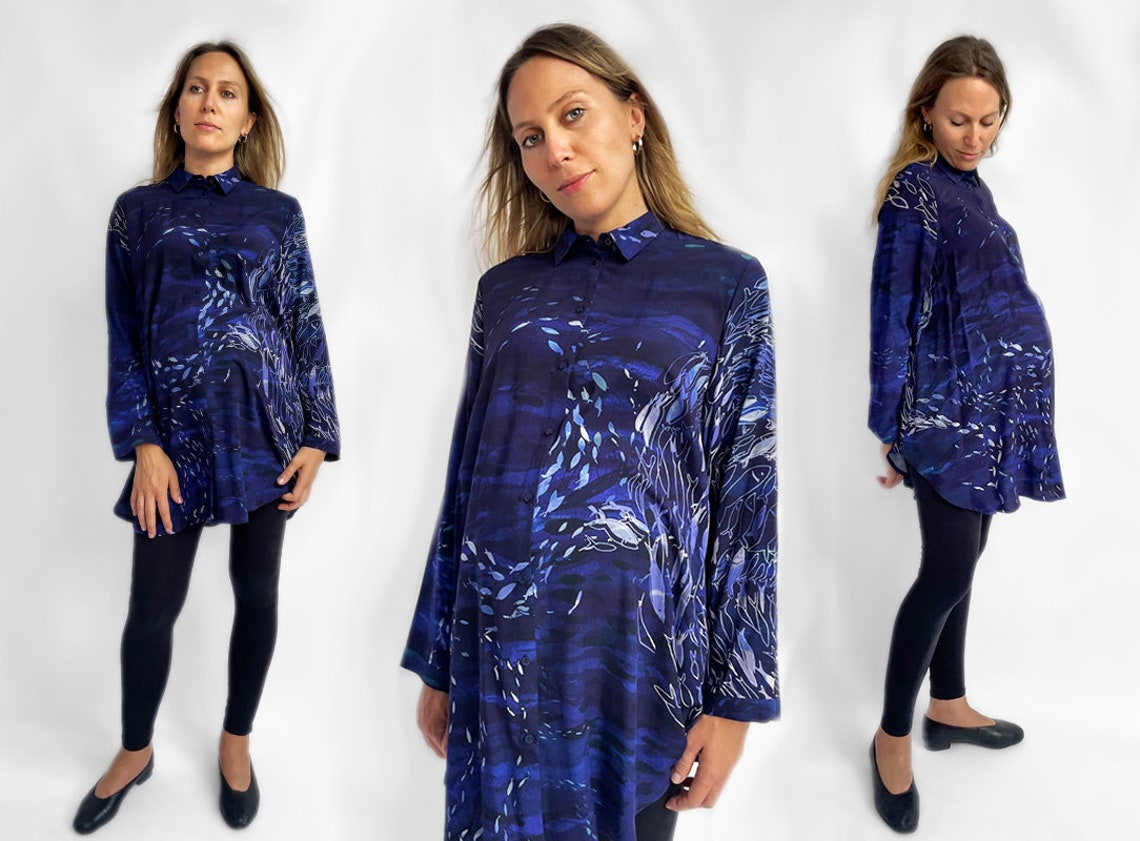 blue SHIRT ocean fishes unique pattern /oversized mini shirtdress 100% viscose/ homewear plussize/ nautical print sea zdjęcie 5