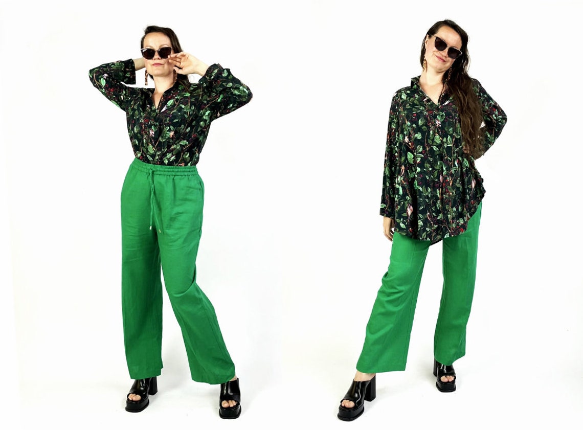 green SHIRT RASPBERRY forest birds nightingales unique pattern /oversized mini shirtdress 100% viscose/ homewear plussize/ botanical print zdjęcie 10