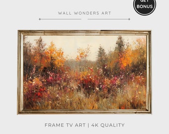 May include: An oil painting of a landscape with a gold frame. The artwork depicts a field of tall grass and colorful trees in shades of orange, red, and yellow. The text "WALL WONDERS ART" and "FRAME TV ART | 4K QUALITY" are visible.