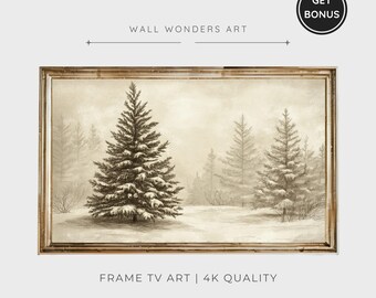 Vintage Christmas Tree Frame Tv Art, Winter Holiday Painting TV, Christmas Frame Tv Art, Christmas Decor Neutral Snowy Landscape | TV203