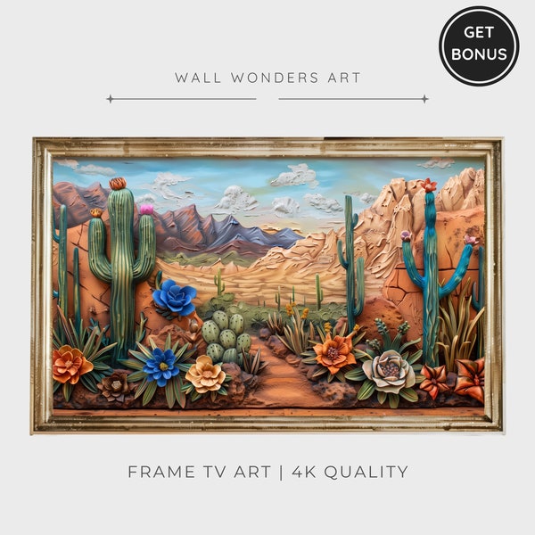Colorful Desert Cactus Frame Tv Art, 3d Textured Western Art for Tv, Desert Landscape, Floral Abstract Painting Tv Screensaver | TV71