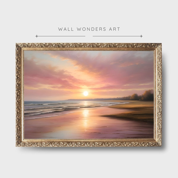 peinture vintage de plage de coucher du soleil, peinture à l’huile de paysage de vagues de mer, impression de décor de maison de campagne, décor d’art mural Cottagecore, téléchargement numérique | W06