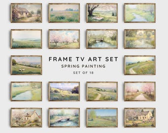 Lot de 18 oeuvres d'art pour télévision, cadre printanier, peinture de paysage printanier, décoration de télévision Cottagecore, peinture de ferme vintage pour oeuvre d'art | TV248
