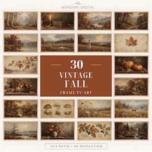 Op de afbeelding: Een digitale collectie van 30 vintage herfstlandschappen voor Frame TV, met scènes van bossen, bergen, pompoenen, paddenstoelen en herfstbladeren. De centrale tekst luidt WONDERS DIGITAL, 30 VINTAGE FALL, FRAME TV ART.