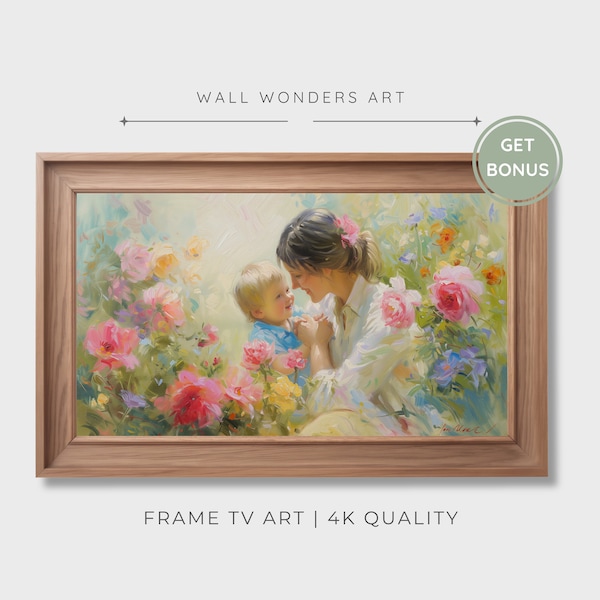 Samsung Frame TV Art Mother and Child in the Flower Garden Oil Painting, Vintage Painting for TV, Farmhouse Decor, Digital Download | TV12