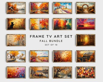 Juego de 18 cuadros con diseño de paisaje otoñal para TV, pintura abstracta de otoño, pintura vintage de paisaje otoñal, protector de pantalla para TV con decoración otoñal / TV136