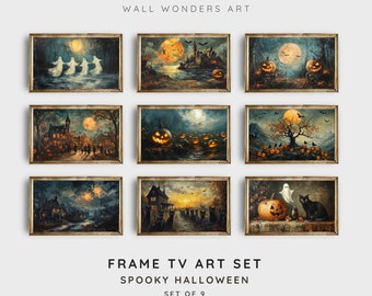 Frame Tv Art Halloween Bundle Set of 9, Dark Halloween Painting, Vintage Fall Landscape Painting, Jack o Lantern Art Tv Screensaver | TV151