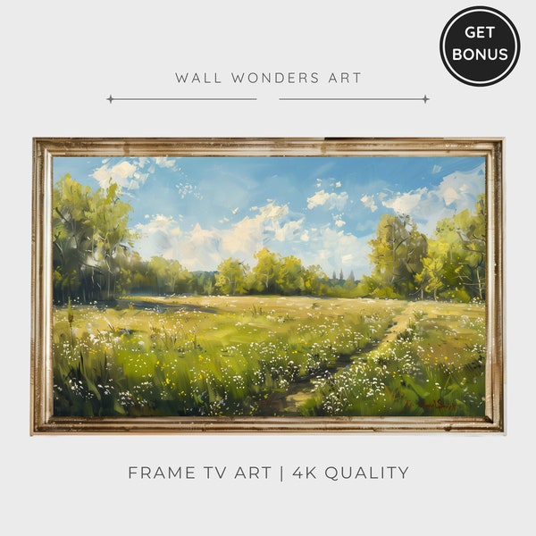 Frame Tv Art Spring Meadow Painting, Spring Landscape Art, Spring Wildflower Field, Vintage Flowers Field Painting, Cottage Decor | TV70