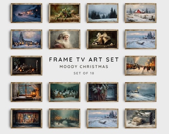 Puede incluir: Una colección de 18 impresiones artísticas enmarcadas con un tema navideño sombrío. Las impresiones presentan paisajes invernales, Papá Noel y decoraciones festivas. Se muestra el texto "FRAME TV ART SET MOODY CHRISTMAS SET OF 18".