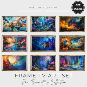 Könnte beinhalten: Ein Set aus neun gerahmten Fantasy-Kunstdrucken mit leuchtenden Farben und skurrilen Szenen. Die Drucke zeigen eine Vielzahl von magischen Landschaften, darunter eine schwebende Stadt, einen Wald mit leuchtenden Pilzen, einen Drachen, der durch die Luft fliegt, eine Skyline einer Stadt mit funkelnden Lichtern, eine Tür zu einer anderen Welt, einen wirbelnden Farbwirbel, eine Welle, die an einem Strand zerschellt, einen mondbeschienenen Wald und einen zugefrorenen See mit einem leuchtenden Schloss. Die Drucke sind mit "FRAME TV ART SET Epic Encounters Collection" betitelt.