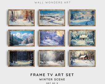 May include: Nine framed winter landscape paintings with gold frames. The artwork depicts snowy scenes of forests, mountains, and buildings. The text at the bottom reads "FRAME TV ART SET WINTER SCENE SET OF 9."