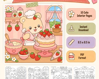 Strawberry Bakery Coloring Book, Cute Animal Bakery Pages, Printable PDF, Instant Download - CB28