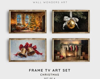 Puede incluir: Un conjunto de cuatro impresiones artísticas navideñas enmarcadas. Las imágenes muestran un árbol de Navidad decorado, una bola dorada, dos campanas con lazos rojos y una chimenea con calcetines. El texto "WALL WONDERS ART" y "FRAME TV ART SET CHRISTMAS SET OF 4" es visible.
