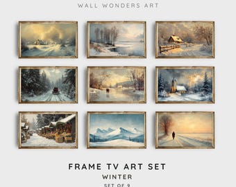 May include: Set of nine winter-themed framed prints featuring snowy landscapes, houses, and figures. The prints are arranged in a grid pattern and have a rustic, vintage aesthetic. The text "FRAME TV ART SET WINTER SET OF 9" is displayed below the prints.