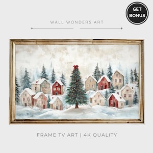 Quadro Tv Arte Inverno Vila Pintura, Natal Quadro Tv Arte Digital Download, Decoração de Natal, Pintura de Cidade Nevada | TV190