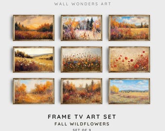 Conjunto de 9 cuadros con paisajes otoñales para televisión, pintura abstracta de otoño, paisaje de campo otoñal vintage, arte de televisión con flores silvestres otoñales / TV153