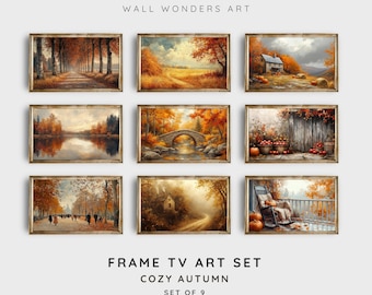Juego de 9 cuadros de otoño para TV, cuadros de otoño para TV, paisaje de campo otoñal vintage, cuadros de otoño junto al lago para TV, cuadros de paisaje otoñal / TV175