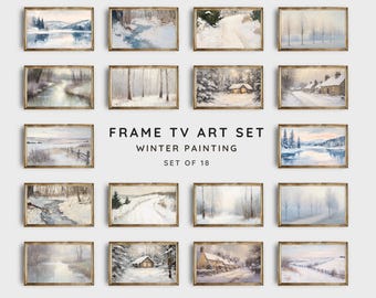 May include: Set of 18 framed winter landscape paintings. The paintings feature snowy scenes with trees, houses, and rivers. The frames are gold and have a simple design. The text "FRAME TV ART SET WINTER PAINTING SET OF 18" is displayed in the center of the image.