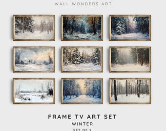 May include: Set of nine framed winter landscape paintings. Each painting depicts a snowy forest scene with trees, snow-covered ground, and a path leading through the woods. The paintings are all in a similar style, with a soft, muted color palette.