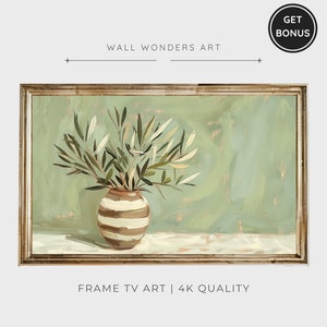 Frame Tv Art Olive Branch Vase Painting, Vintage Still Life Art Digital Download for Tv, Neutral Tone Painting, Summer Frame Tv Art | TV126